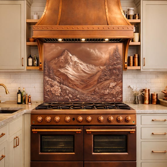 Majestic Mountain Peaks Backsplash, Copper Look Alpine Landscape Wall Panel, Custom Size