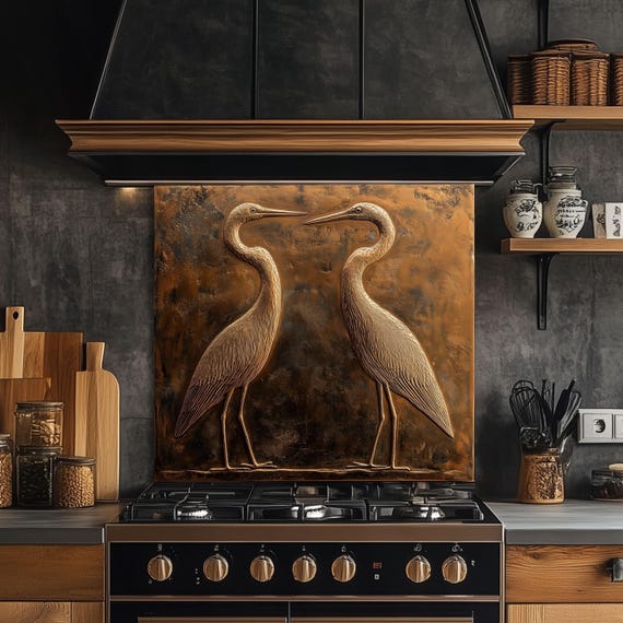 Copper Look Heron Glass Kitchen Backsplash: Rustic Stove Panel