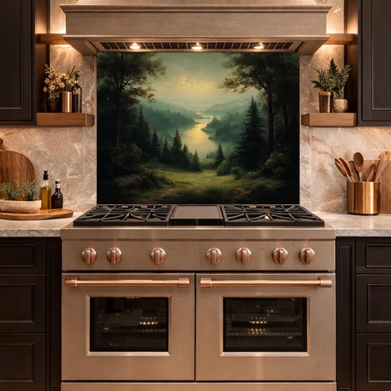 Vintage Forest Backsplash - Misty Woodland Scenic Glass Panel, Kitchen Stove Splashback, Nature-Inspired Art Tile