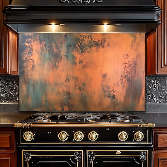 Copper Heron Glass Backsplash, Rustic Bird Nature Stove Guard, Heat Resistant Easy Clean Art
