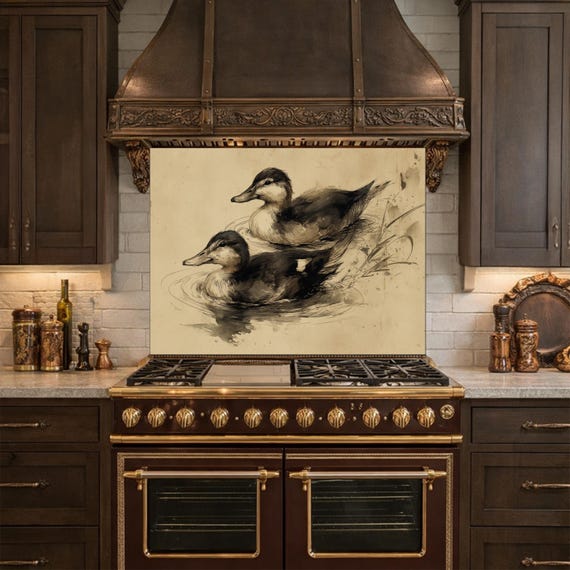 Vintage Duck Pond Kitchen Backsplash, Tempered Glass Wall Art, Nature Sketch Decor