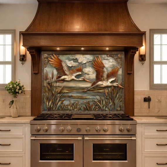 Copper Relief Storks Flight Tempered Glass Backsplash, Wildlife Wetland Wall Panel, Stove Guard