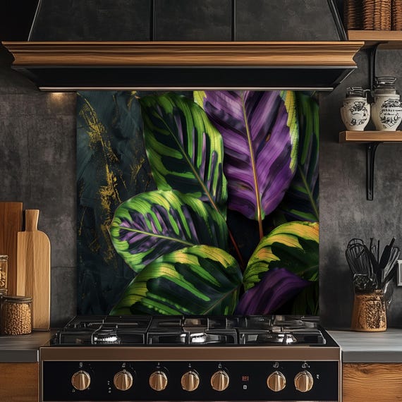 Tropical Calathea Leaf Glass Backsplash, Exotic Botanical Stove Guard, Heat Resistant Kitchen Art — tempered glass kitchen backsplash
