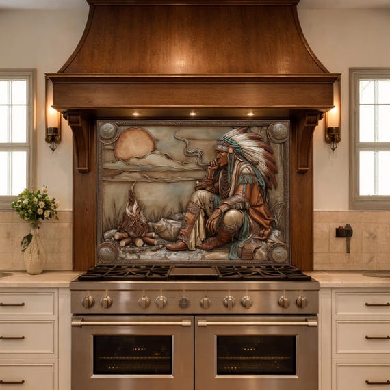 Native American Leader Campfire Relief Tempered Glass Backsplash, Western Heritage Wall Panel, Stove Guard