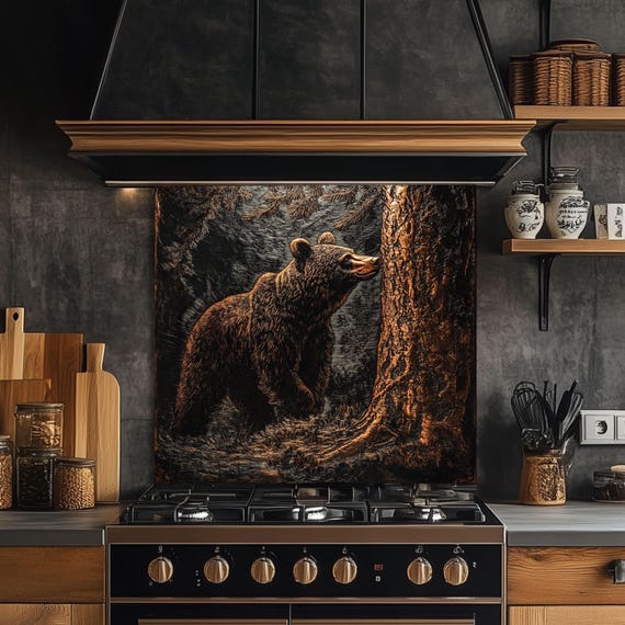 Tempered Glass Kitchen Backsplash: Copper Bear Forest Scene