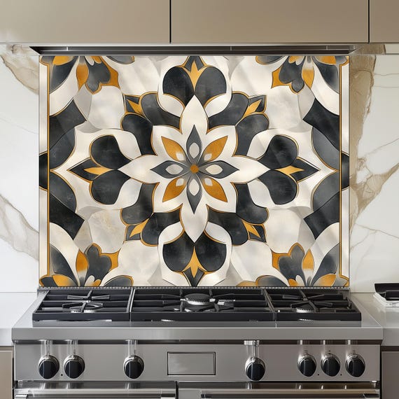 Navy & Orange Moroccan Backsplash, Heat Resistant Stove Guard, Custom Size Glass Art