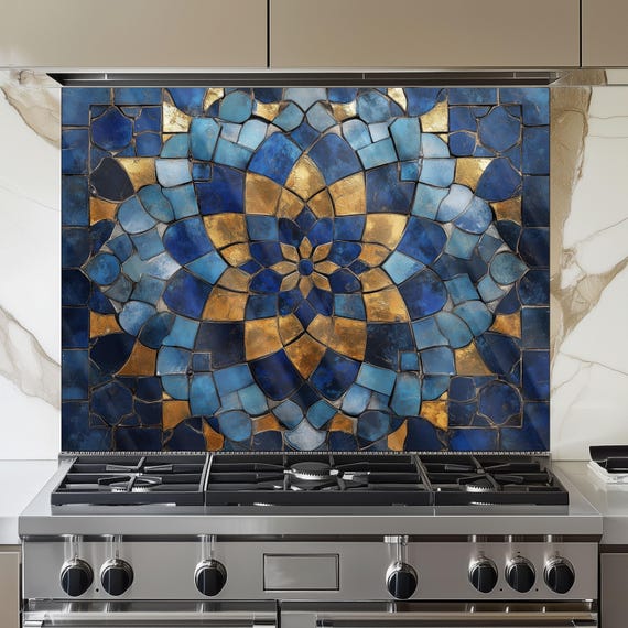 Moroccan Tempered Glass Backsplash, Artistic Geometric Stove Guard, Heat Resistant Easy Clean Art