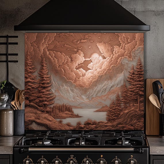 Tempered Glass Mountain & Deer Backsplash: Rustic Kitchen Decor
