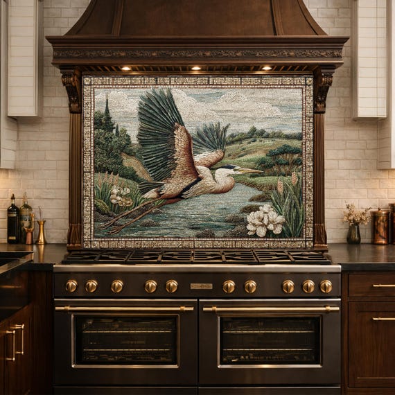 Heron Mosaic Tempered Glass Kitchen Backsplash, Wildlife Stove Decor