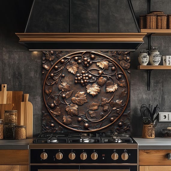 Copper Grapevine Kitchen Backsplash, Vineyard Tempered Glass Wall Art, Custom Size Design