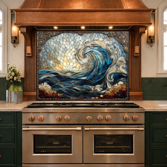 Ocean Wave Tempered Glass Kitchen Backsplash, Coastal Sunset Mosaic Stove Guard Wall Decor
