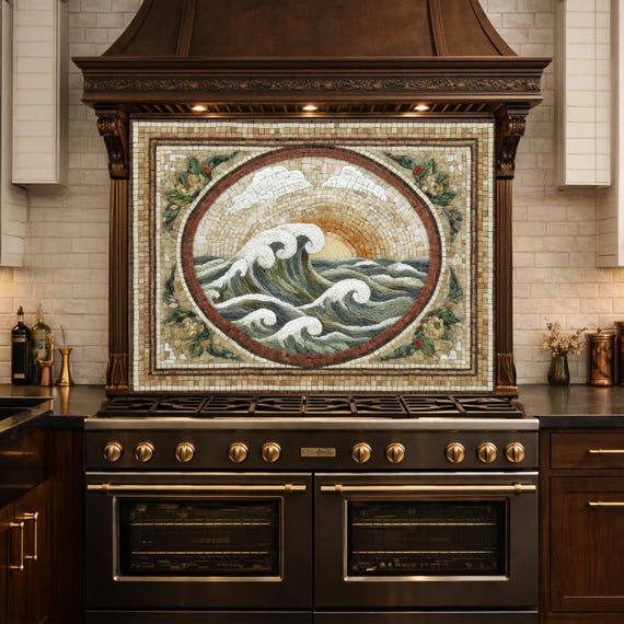 Ocean Wave Tempered Glass Backsplash, Coastal Mosaic Kitchen Stove Panel