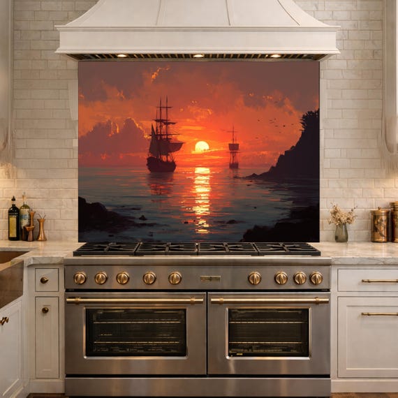 Ocean Sunset and Sailing Ships Tempered Glass Backsplash, Painterly Seascape Wall Panel, Stove Guard