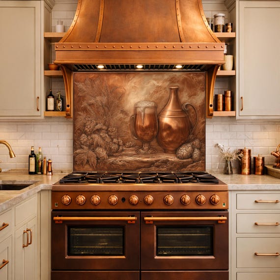 Vintage Barware Tempered Glass Backsplash, Copper Look Hops and Ale Wall Panel, Custom Size
