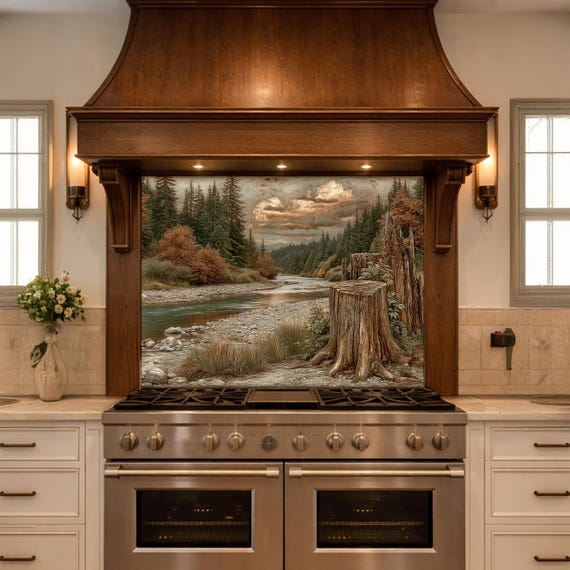Mountain River Landscape Tempered Glass Backsplash, Copper Relief Look Wall Panel, Stove Guard