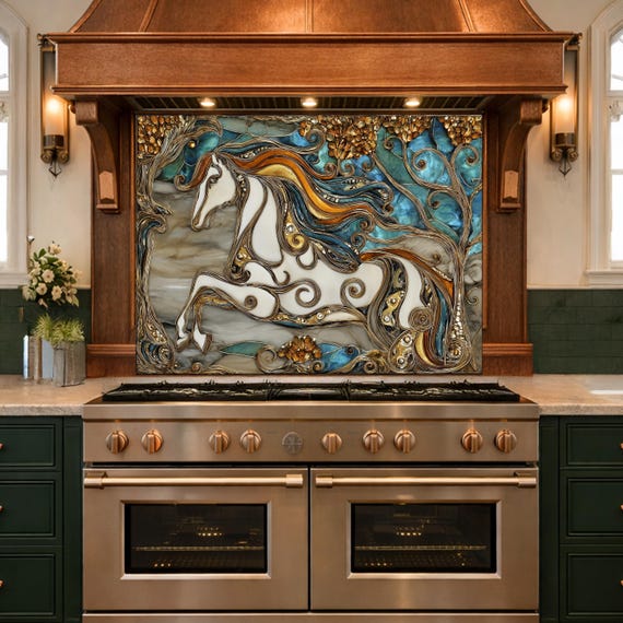 Abstract Horse Tempered Glass Kitchen Backsplash Panel – Gold Blue Marble Stove Wall Art