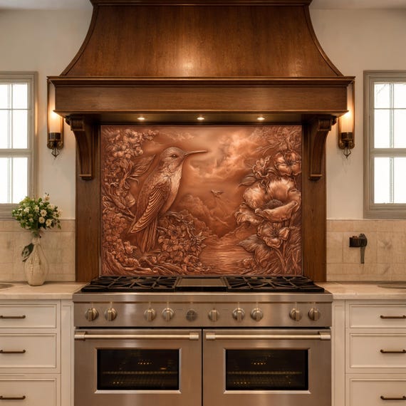 Songbird Mountain View Tempered Glass Backsplash, Copper Look Floral Bird Wall Panel, Custom Size
