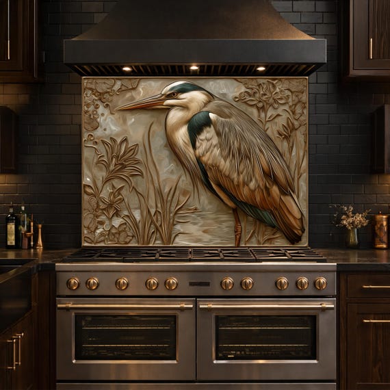 Blue Heron Tempered Glass Backsplash, Copper Look Wetland Wall Panel