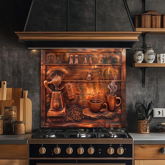 Vintage Coffee Scene Tempered Glass Kitchen Backsplash: Copper Splash