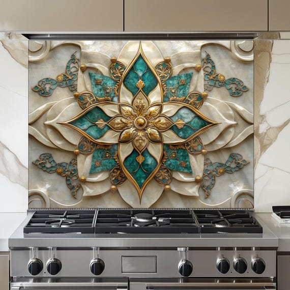 Moroccan Style Tempered Glass Kitchen Backsplash, Traditional Tile Mosaic Art, Custom Size Design