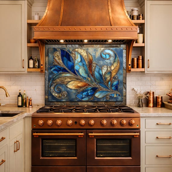 Abstract Blue Gold Glass Backsplash, Modern Art Kitchen Wall Panel Decor