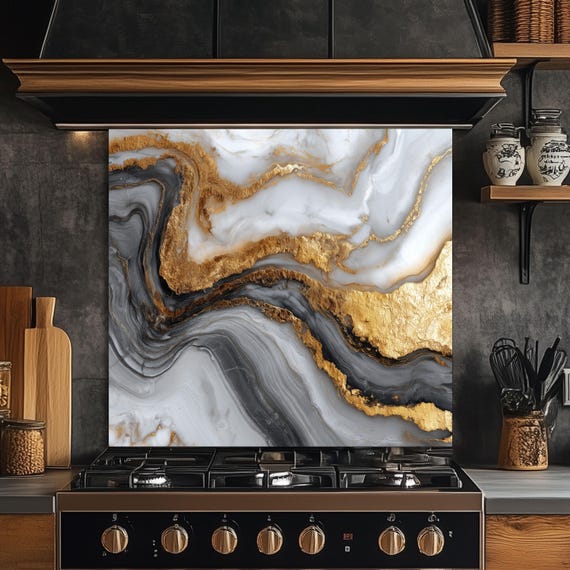 Gold Veined Marble Kitchen Backsplash, Luxury UV Printed Tempered Glass, Custom Size Design