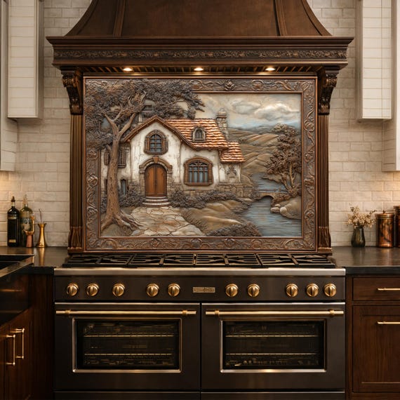 Rustic Farmhouse Tempered Glass Backsplash, Copper Look Country Cottage Wall Panel, Custom Size
