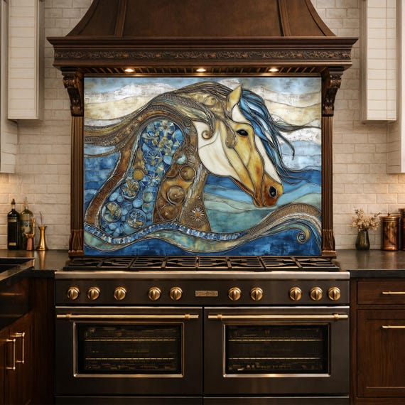 Abstract Horse Glass Backsplash, Artistic Kitchen Backsplash Behind Stove Decor