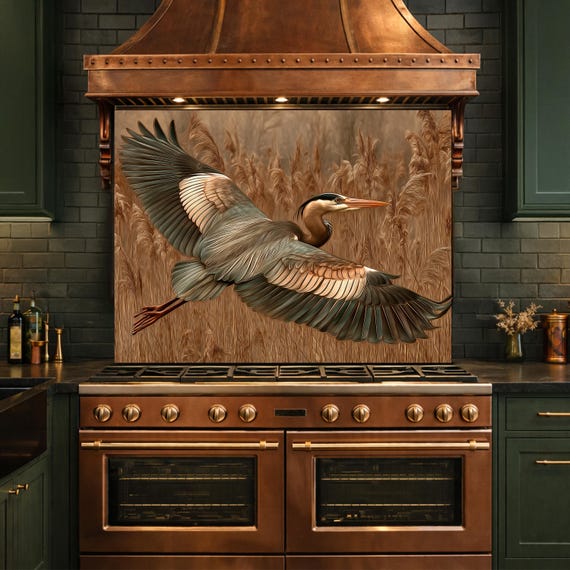 Blue Heron Flight Tempered Glass Backsplash, Copper Look Wetland Bird Wall Panel, Heat Resistant