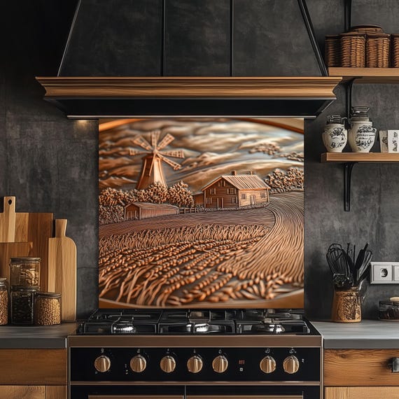 Copper Embossed Kitchen Backsplash: Rustic Farmhouse Windmill Scene