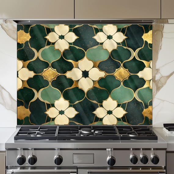 Moroccan Style Glass Backsplash, Ornate Geometric Stove Guard, Heat Resistant Easy Clean Art
