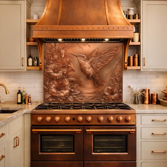 Hummingbird and Morning Glory Backsplash, Copper Look Floral Bird Wall Panel, Custom Size — tempered glass kitchen backsplash