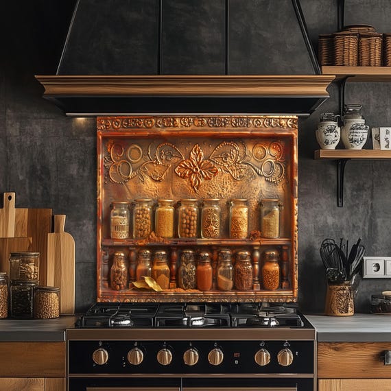 Copper Spice Shelf Tempered Glass Kitchen Backsplash: Rustic Vintage Decor