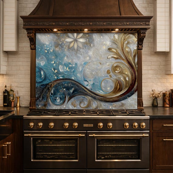 Tempered Glass Kitchen Backsplash, Blue Gold Abstract Wave Stove Guard Wall Decor — tempered glass kitchen backsplash