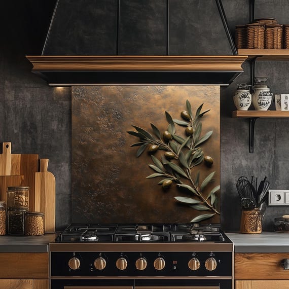 Olive Branch Kitchen Backsplash, Mediterranean Tempered Glass Art, Custom Size Design