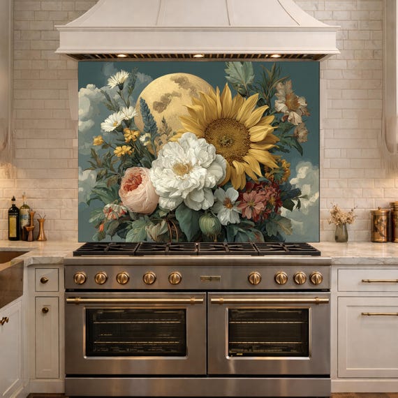 Moonlit Sunflower Tempered Glass Backsplash, Floral Bouquet with Peony and Rose Wall Panel