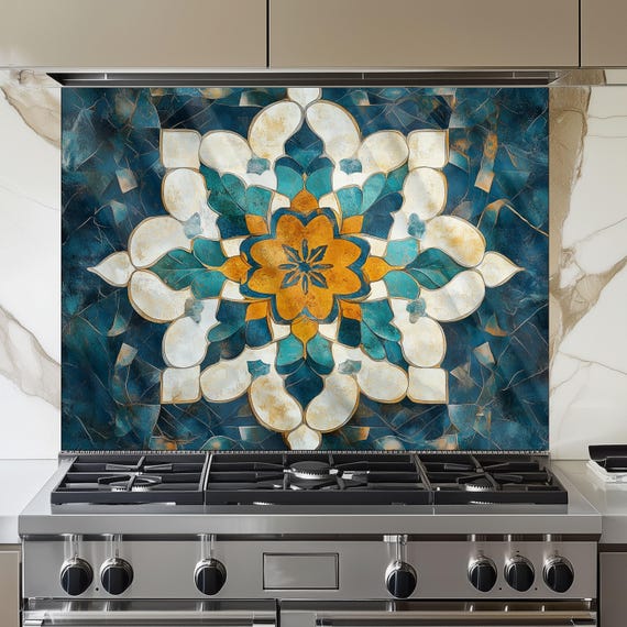 Moroccan Style Glass Backsplash, Blue Geometric Stove Guard, Heat Resistant Easy Clean Kitchen Art