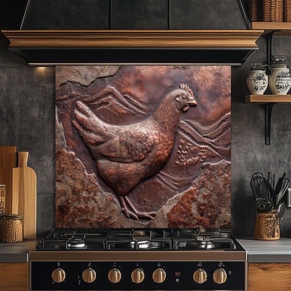 Copper Chicken Backsplash: Rustic Farmhouse Tempered Glass Stove Panel