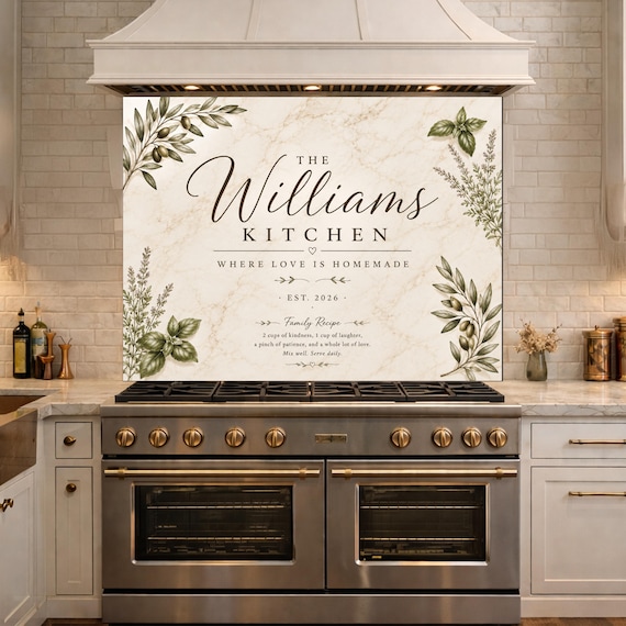 Personalized Botanical Kitchen Backsplash, Custom Family Name Glass Panel, Olive Branch Marble Style Kitchen Sign