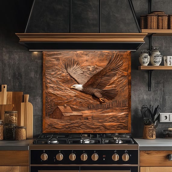 Eagle Glass Backsplash, Soaring Wildlife Stove Guard, Heat Resistant Copper Effect Kitchen Art