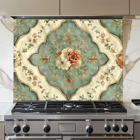 Moroccan Floral Glass Backsplash, Geometric Medallion Stove Guard, Heat Resistant Easy Clean Art