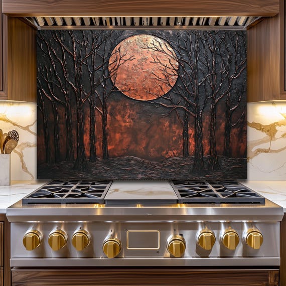 Moon Forest Glass Backsplash, Rustic Night Landscape Tempered Glass, Custom Size Design