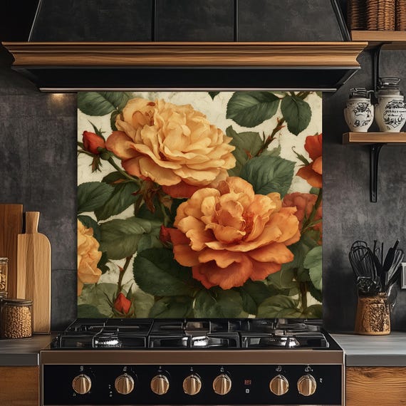 Orange Rose Tempered Glass Backsplash: Vintage Kitchen Decor