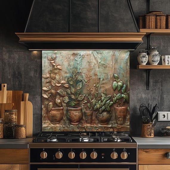Vintage Copper Herb Pots Backsplash, Rustic Tempered Glass Art, Custom Size Design