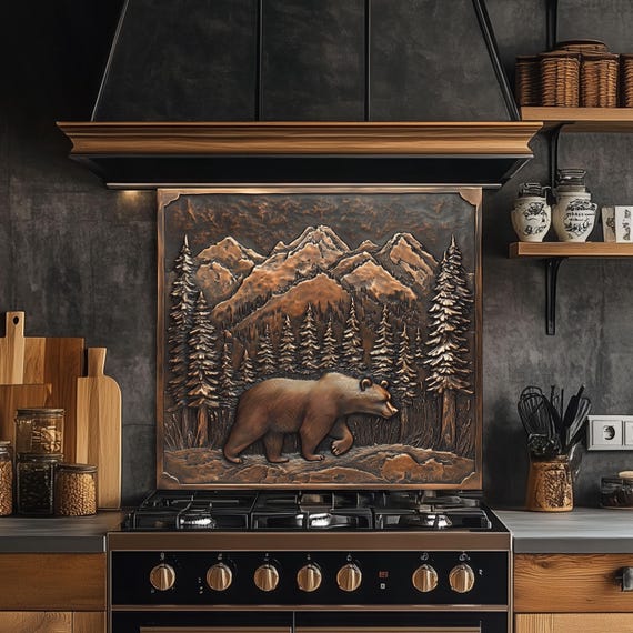 Mountain Bear Tempered Glass Stove Cover: Artistic Kitchen Backsplash — tempered glass kitchen backsplash