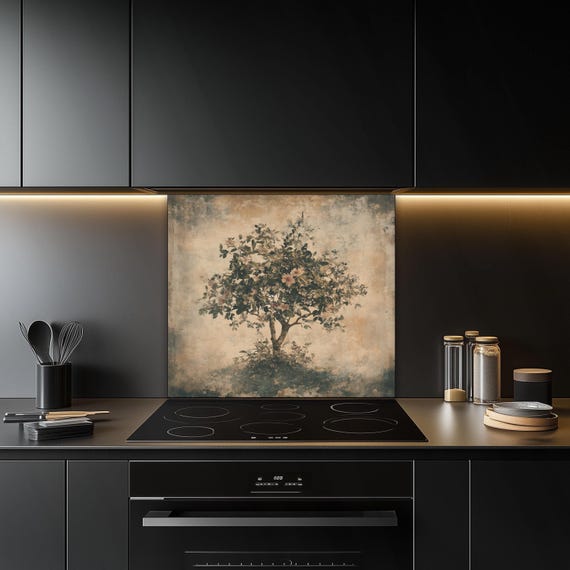 Vintage Floral Tree Glass Backsplash, Tree of Life Stove Guard, Heat Resistant Kitchen Art