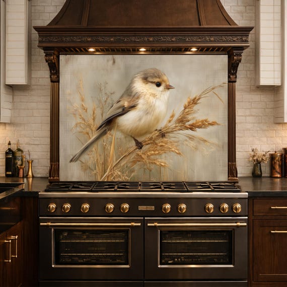 Hand Painted Bird Kitchen Backsplash, Tempered Glass Wall Art, Floral Nature Decor, Modern Home
