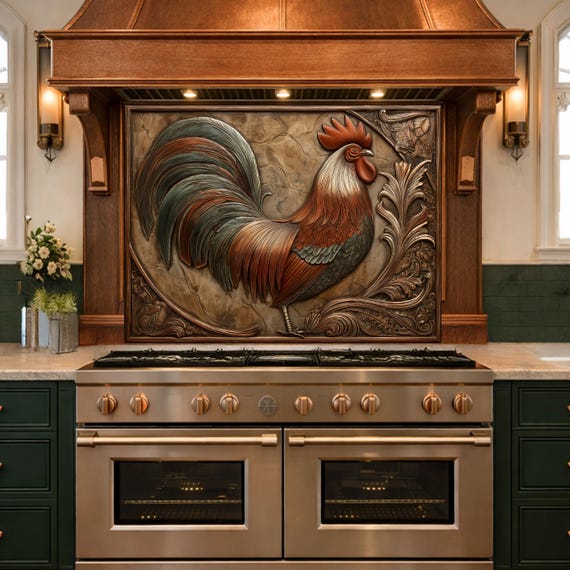 Rustic Copper Rooster Backsplash, Farmhouse Style Wall Panel, Custom Size Stove Guard — tempered glass kitchen backsplash