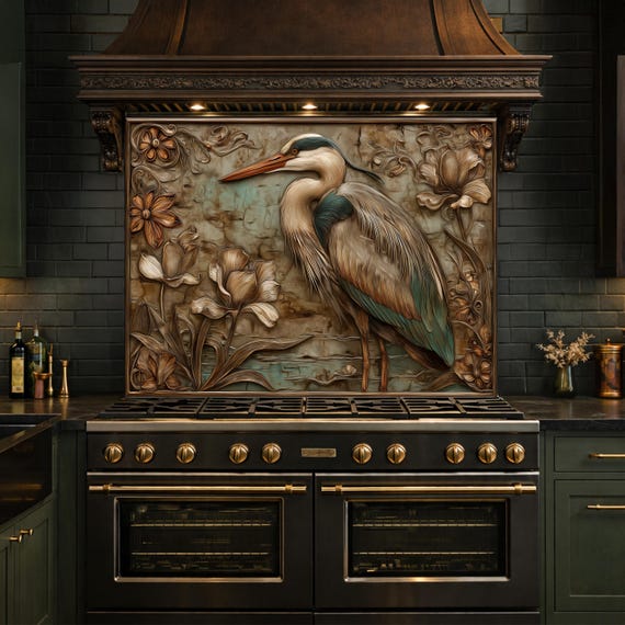 Blue Heron Tempered Glass Backsplash, Copper Look Botanical Bird Wall Panel, Custom, Heat Resistant