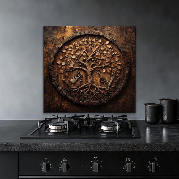 Rustic Tree of Life Glass Backsplash, Vintage Wood Stove Guard, Heat Resistant Kitchen Art